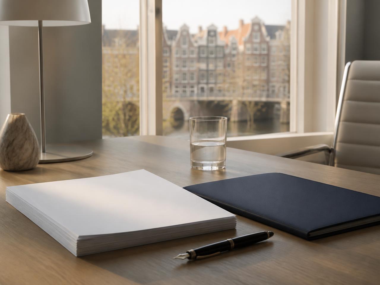 Bureau met een uitgeprinte jaarrekening en een vulpen bij een raam met uitzicht op grachtenpanden